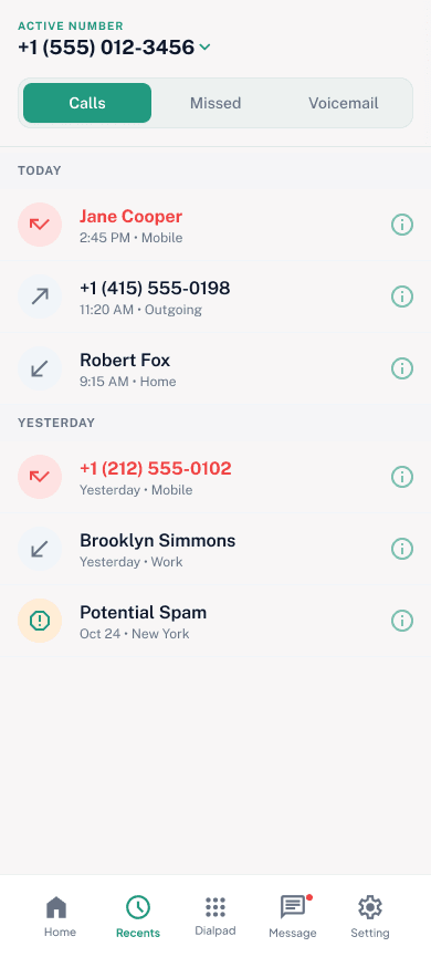 SpareNumber recents list with calls, missed and voicemail tabs and a potential spam label