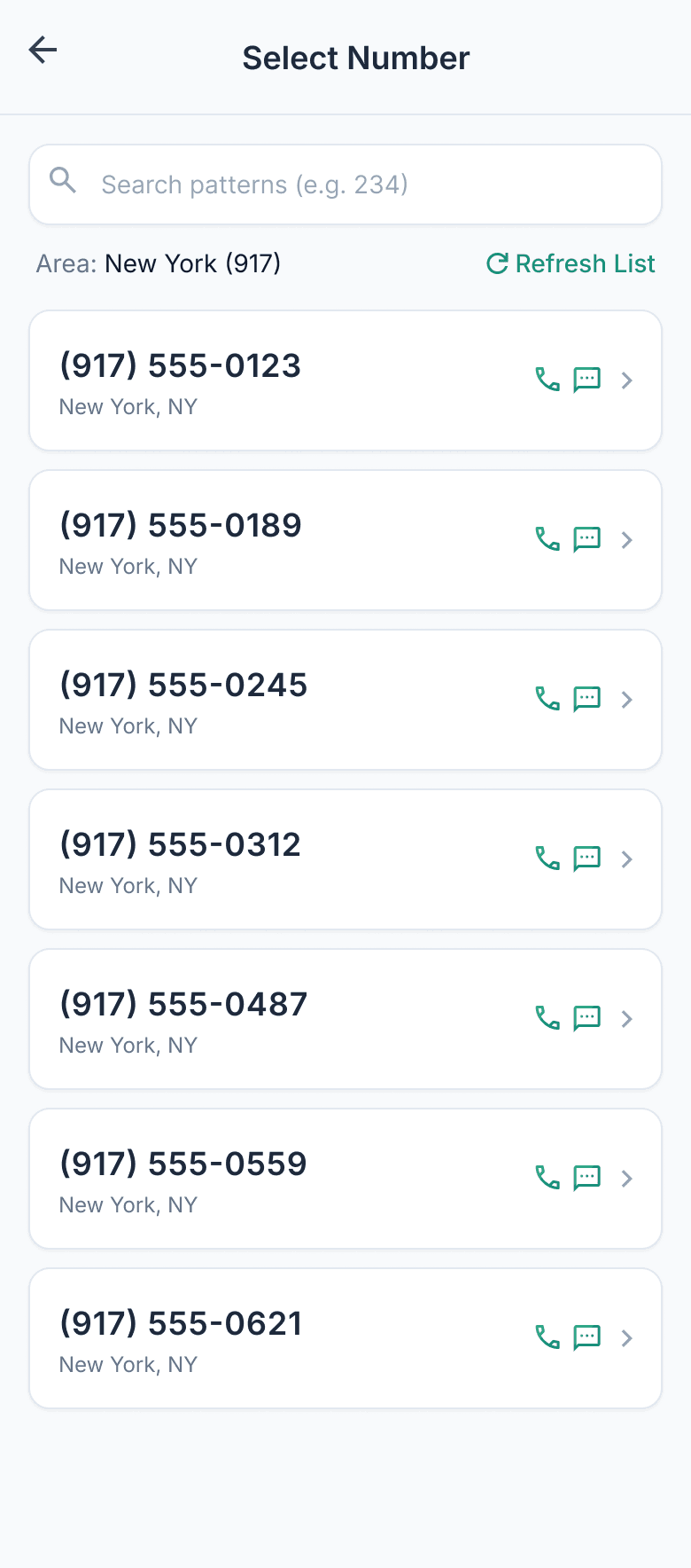 SpareNumber number picker listing available New York (917) numbers with a digit pattern search