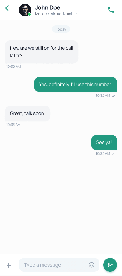 SpareNumber SMS thread with sent and received messages, delivery ticks and a message composer